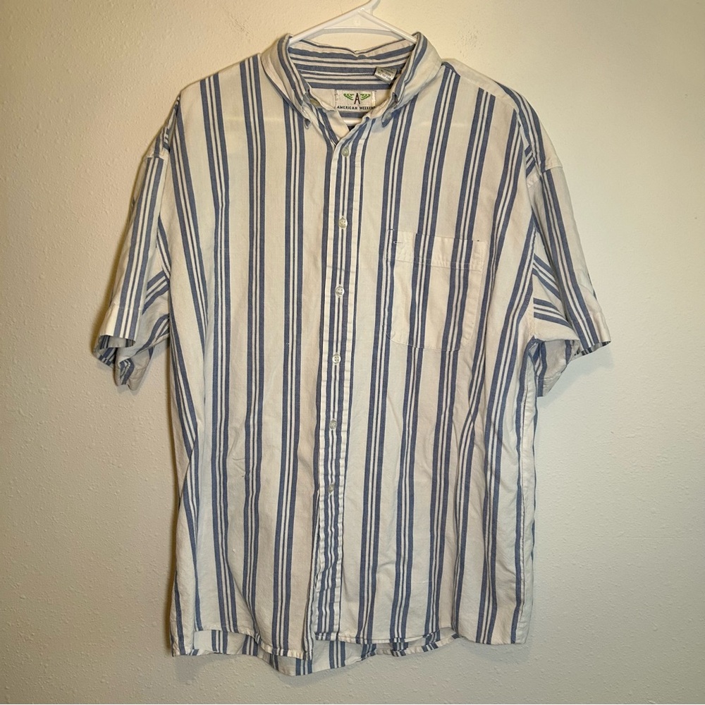 VTG Short Sleeve Button Down Shirt Men’s XL Blue Striped Retro Western Coastal
